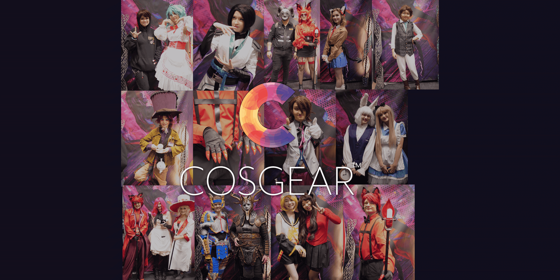 Collage of cosplayers in various costumes at an event with 'Cosgear' logo centered.